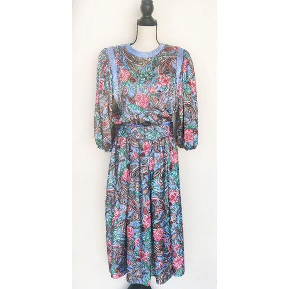Diane Freis Vintage Blue Floral Dress With Belt Size Medium Large - Picture 1 of 11